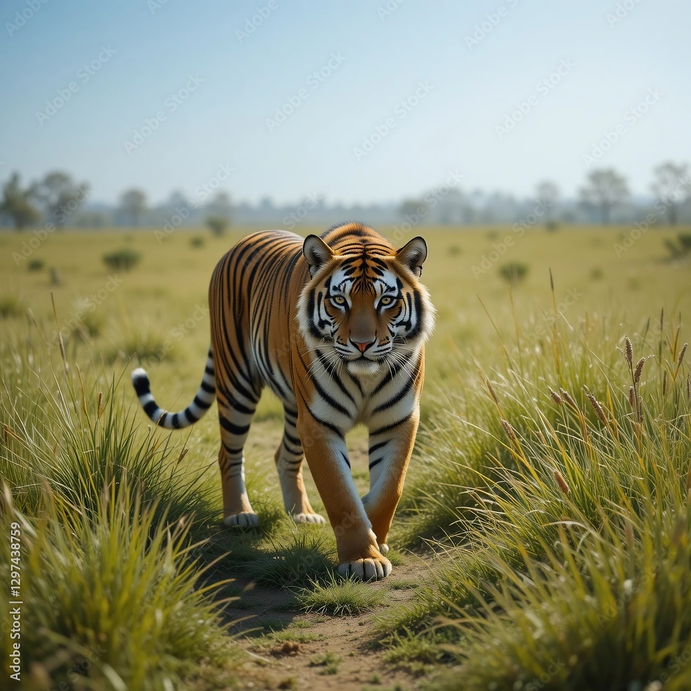 Fototapeta premium Majestic Bengal Tiger Walking Towards the Camera in a Grassy Field