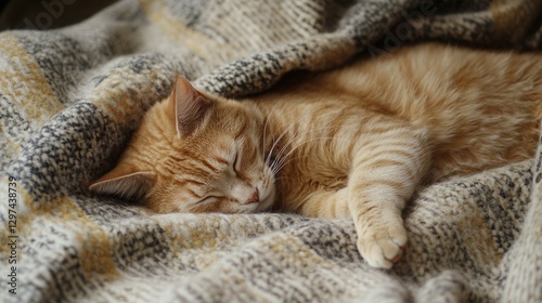 Ginger cat naps peacefully under a cozy blanket.