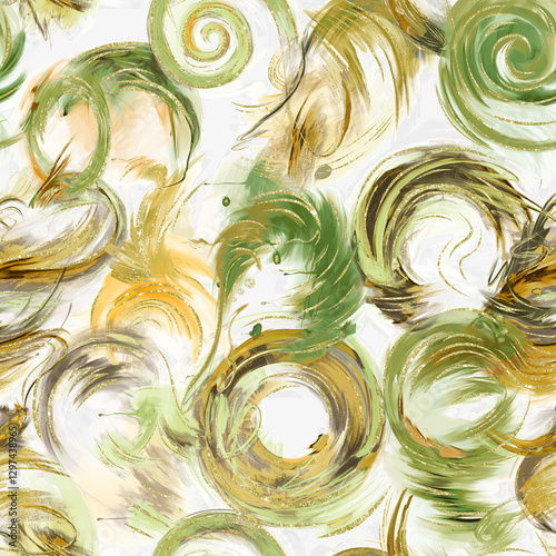 Golden green swirls pattern. Seamless, earthy abstract design. Perfect for fabric, prints, & more.