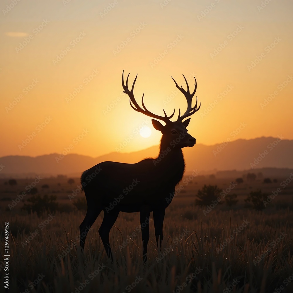 Fototapeta premium Majestic Deer Silhouette at Sunrise in Serene Meadow Landscape