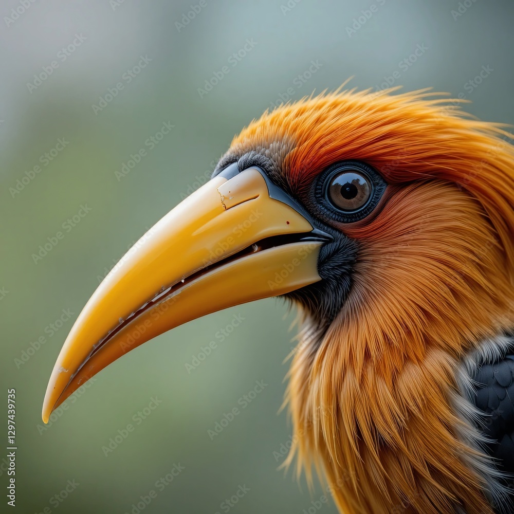 Close up Portrait of a Rufous necked Hornbill Exotic Bird with Vibrant Orange Plumage and Large Close up Portrait of a Rufous necked Hornbill Exotic Bird with Vibrant Orange Plumage and Large
