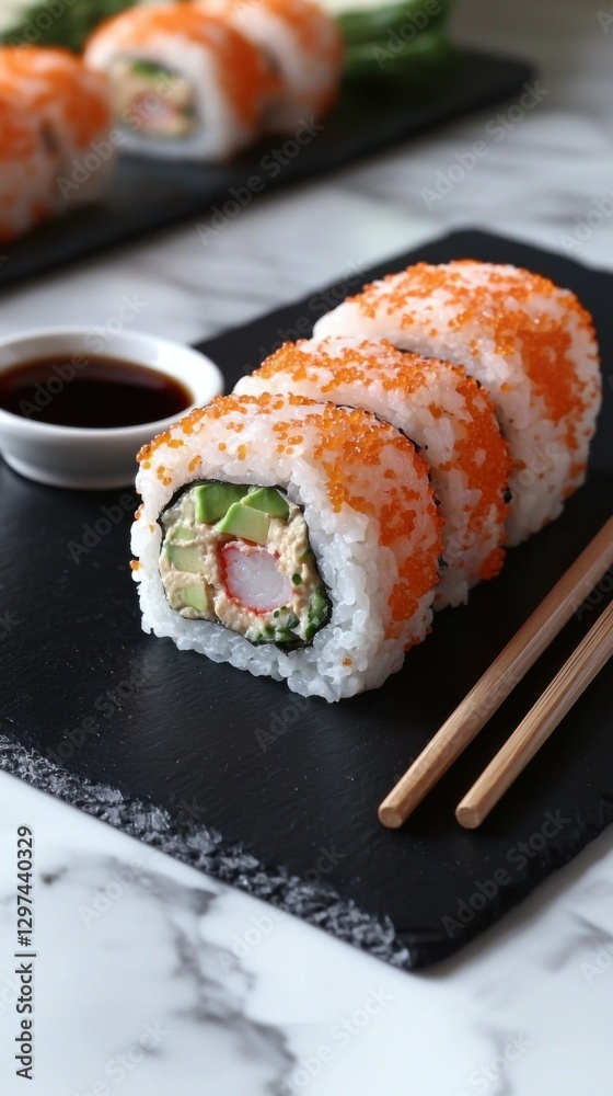 Colorful sushi rolls served on a black plate with dipping sauce and chopsticks in a bright dining setting Colorful sushi rolls served on a black plate with dipping sauce and chopsticks in a bright dining setting
