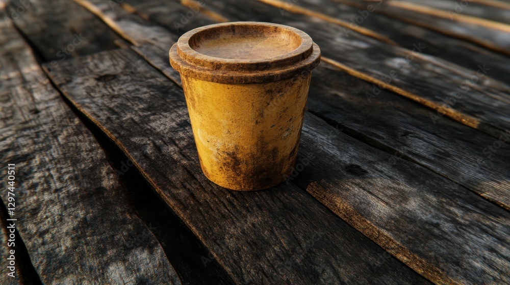 Rustic Yellow Pot on Weathered Wooden Surface for Art and Home Decoration Ideas Rustic Yellow Pot on Weathered Wooden Surface for Art and Home Decoration Ideas