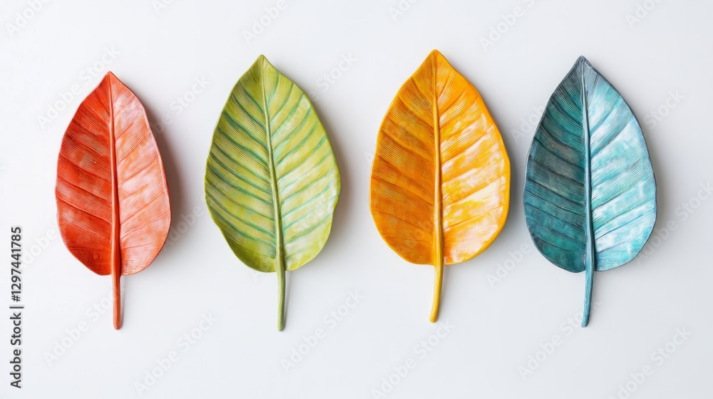 Obraz premium Vibrant tropical leaves in a flat lay design, embodying simplicity and summer essence. 