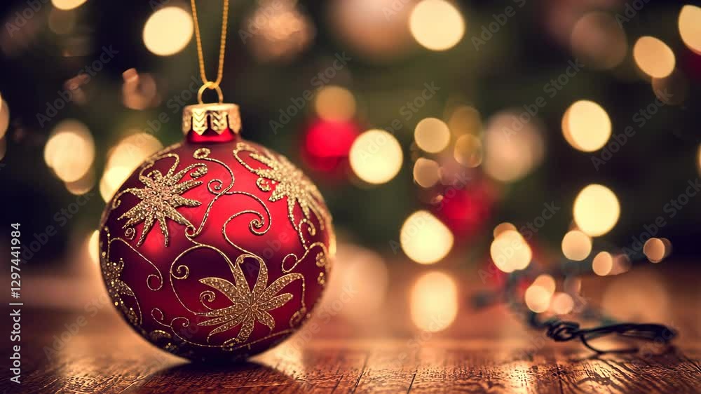 Decorative red Christmas ornament with golden designs on a wooden surface surrounded by festive lights in a cozy setting Decorative red Christmas ornament with golden designs on a wooden surface surrounded by festive lights in a cozy setting