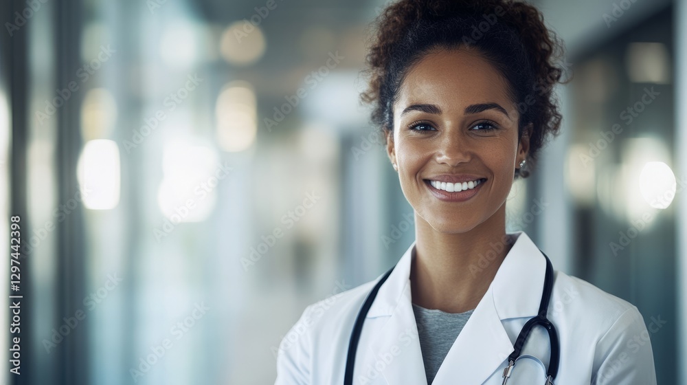 Female doctor in white coat with stethoscope, smiling confidently, head and shoulders portrait, professional studio lighting.
Female doctor in white coat with stethoscope, smiling confidently, head and shoulders portrait, professional studio lighting.