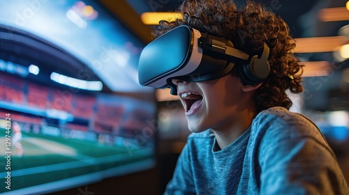 Wallpaper Mural Boy experiences excitement while playing virtual reality sports game in a gaming lounge during evening hours Torontodigital.ca