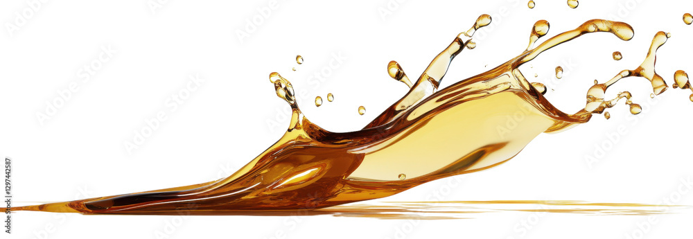 Fototapeta premium Golden liquid splash on transparent background, dynamic fluid motion of oil, honey, or beer for food and beverage industry concepts