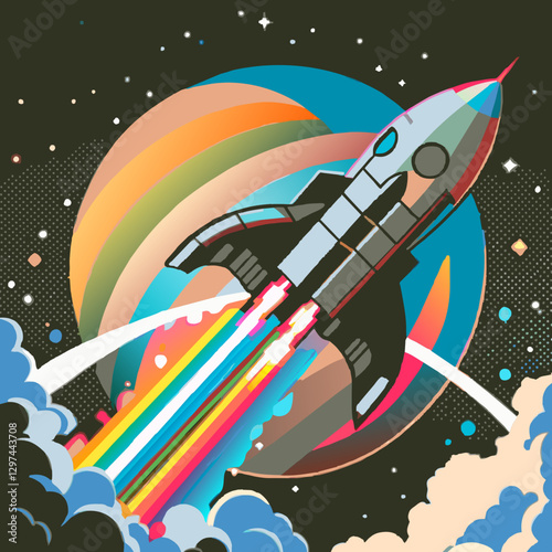 Fantastic sticker with space rocket. Space sci-fi set posters colorful with planets and intergalactic ships. SVG version.