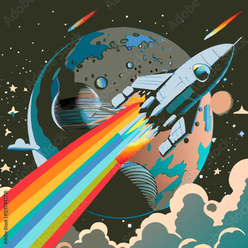 Fantastic sticker with space rocket. Space sci-fi set posters colorful with planets and intergalactic ships. SVG version.