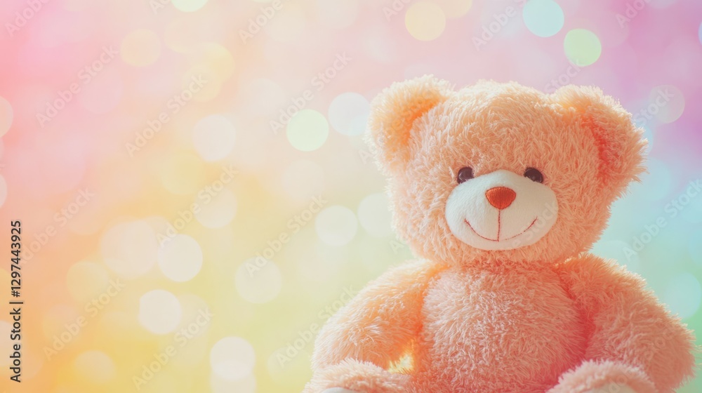 Fototapeta premium Adorable peach-colored teddy bear against a pastel bokeh background.