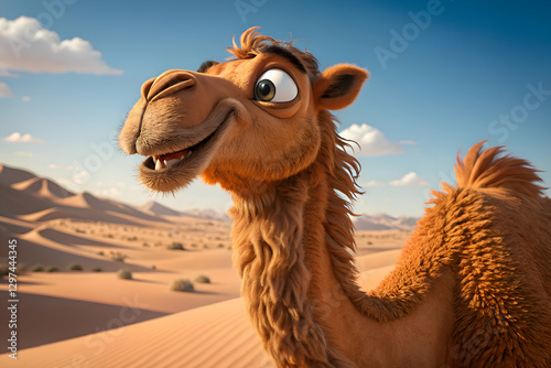 Animated camel smiling in vast desert with golden sand dunes under bright sun and happy hump day message