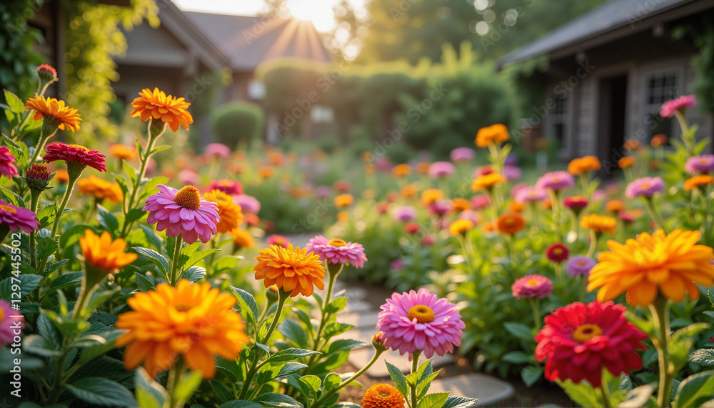 Obraz premium Vibrant zinnia flowers blooming in a sunlit garden