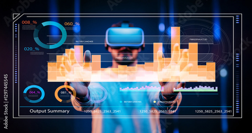 Futuristic Virtual Reality Experience with User Interacting with Data Visualization and Graphs in a Modern Digital Environment