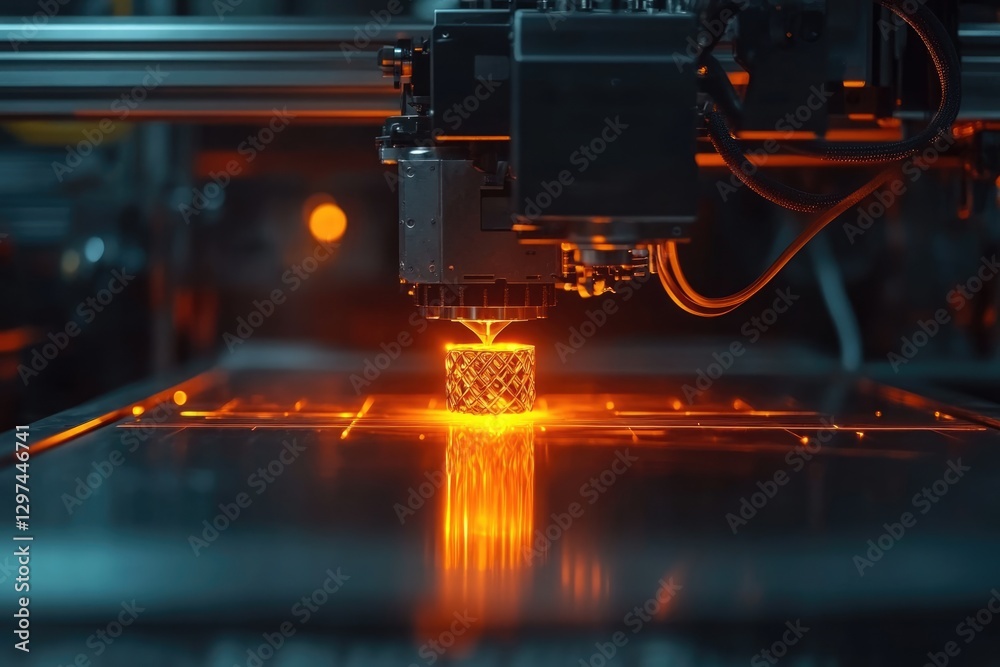 Fototapeta premium Additive Manufacturing: Close-up of 3D Printer in Action, Creating a Glass Object with Orange Glow