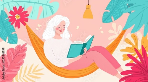 Relaxing reading woman in hammock cozy indoor space illustration tropical vibes bright colors serenity
