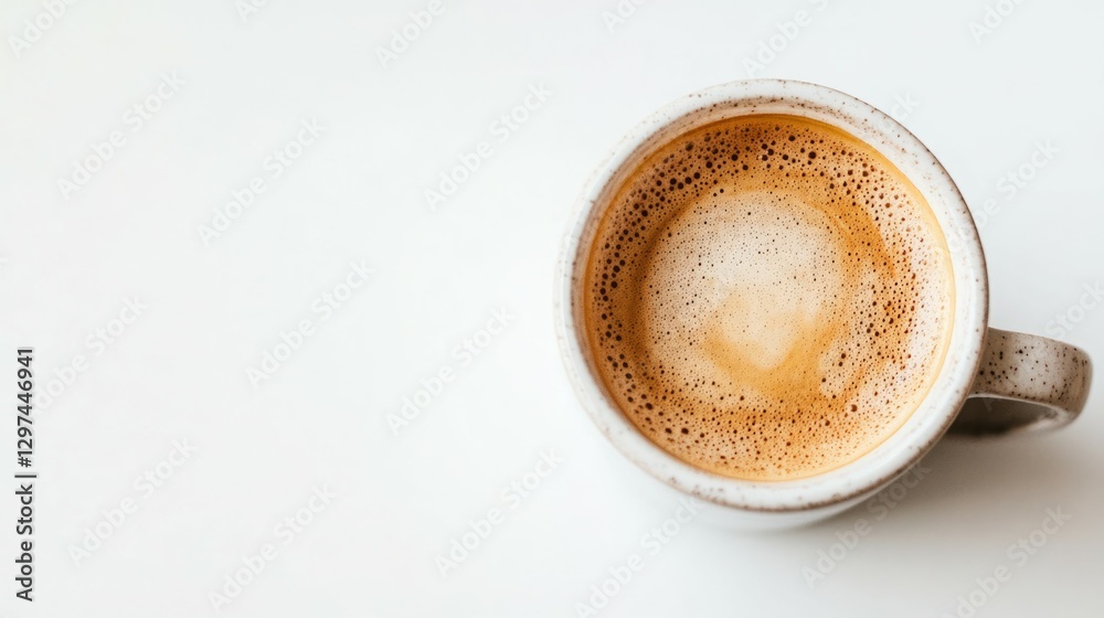 A speckled mug of frothy coffee sits on a white background. A speckled mug of frothy coffee sits on a white background.