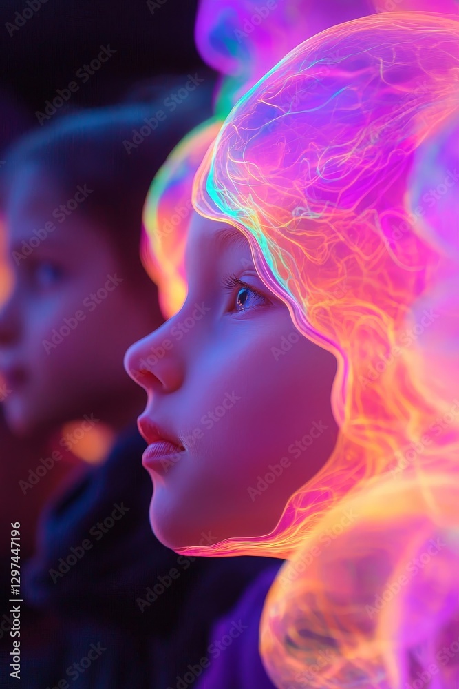 Fototapeta premium Captivating neon portrait of a child with colorful hair digital art dreamy atmosphere close-up view imagination unleashed