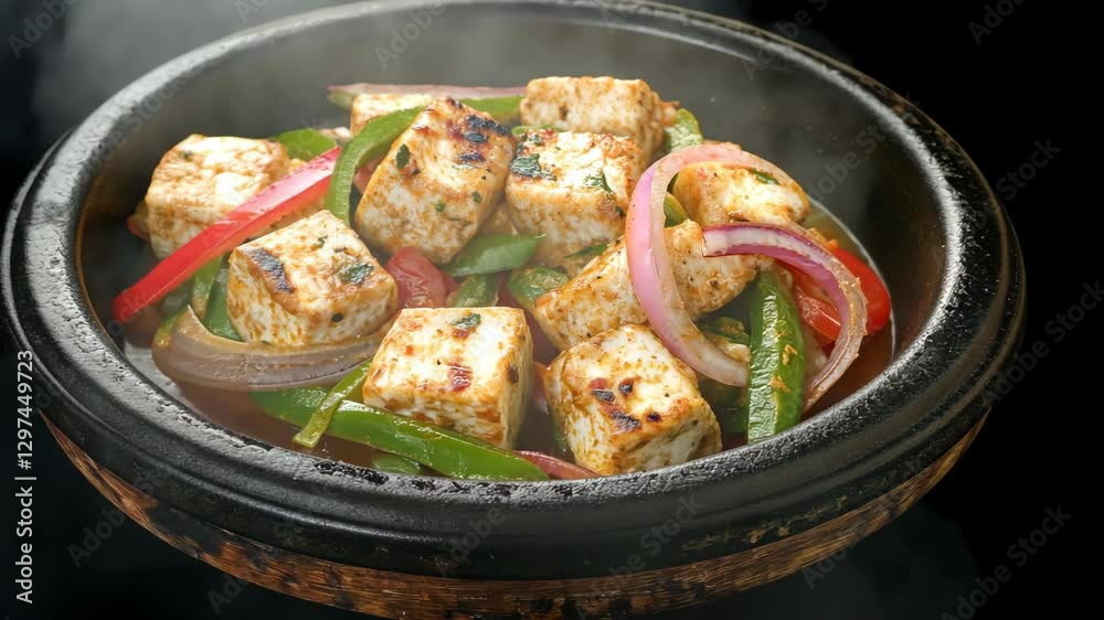 Delicious sizzling tofu with colorful peppers and onions served in a hot stone dish