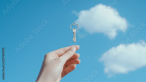 hand reaches for floating key against bright blue sky with clouds