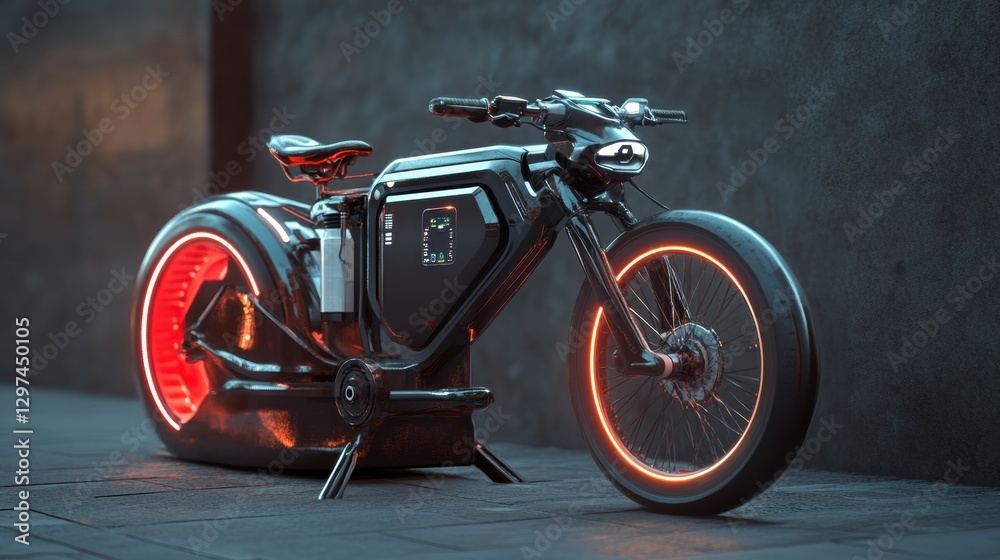 Fototapeta premium Electric Motorcycle: A sleek, futuristic electric motorcycle design, bathed in neon light, sits still against a modern backdrop. It evokes excitement and a sense of cutting-edge technology.