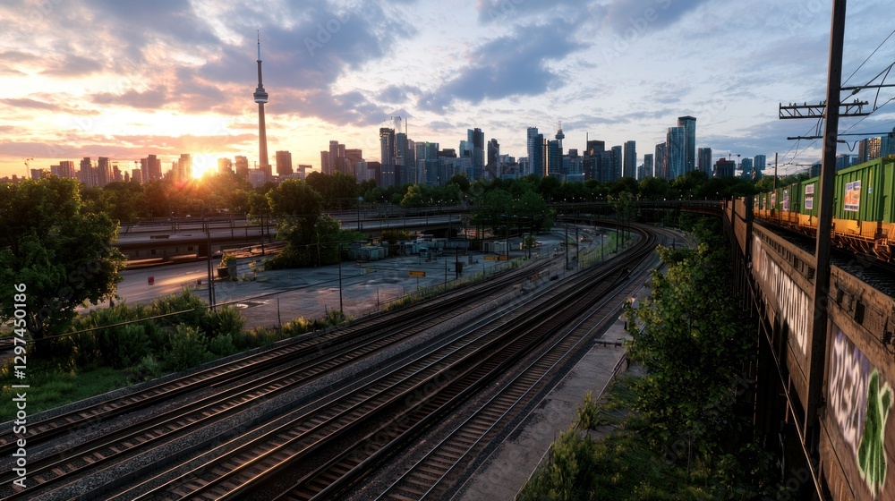 Sunset over Toronto skyline with train tracks, greenery, and urban landscape in view Sunset over Toronto skyline with train tracks, greenery, and urban landscape in view