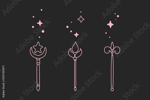 Doodle line magic wands, set of hand drawn fairy illustrations