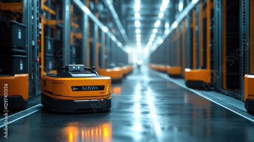 Automated Guided Vehicles in Modern Warehouse: Orange AGVs navigating a sleek, futuristic facility.