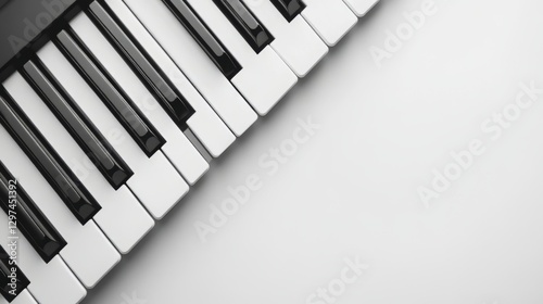 Black and white piano keyboard on minimalist white background