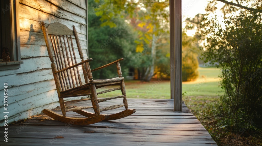 Solitude on the Porch: A weathered rocking chair sits peacefully on a wooden porch, bathed in the warm glow of the setting sun, evoking a sense of calm and nostalgia. Solitude on the Porch: A weathered rocking chair sits peacefully on a wooden porch, bathed in the warm glow of the setting sun, evoking a sense of calm and nostalgia.
