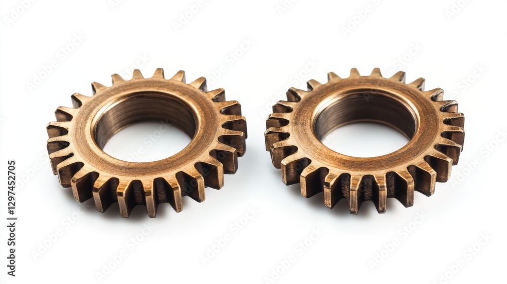 Two bronze gears with teeth on white background Two bronze gears with teeth on white background