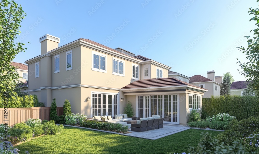 Suburban home backyard patio, sunny day, residential design Suburban home backyard patio, sunny day, residential design