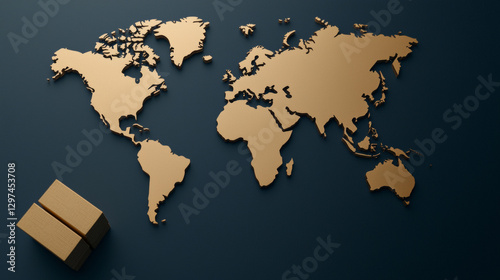 Fototapeta Naklejka Na Ścianę i Meble -  3D world map with cardboard box symbolizes global trade and logistics