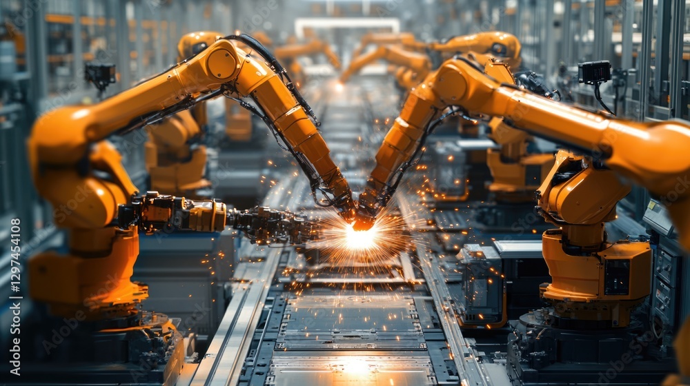 Automated Welding: Orange Robotic Arms Spark in Factory Assembly Line Automated Welding: Orange Robotic Arms Spark in Factory Assembly Line