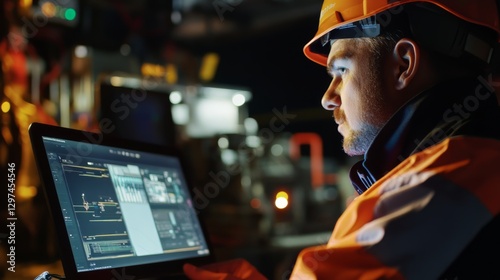 Male adult industrial engineer working on laptop in factory at night