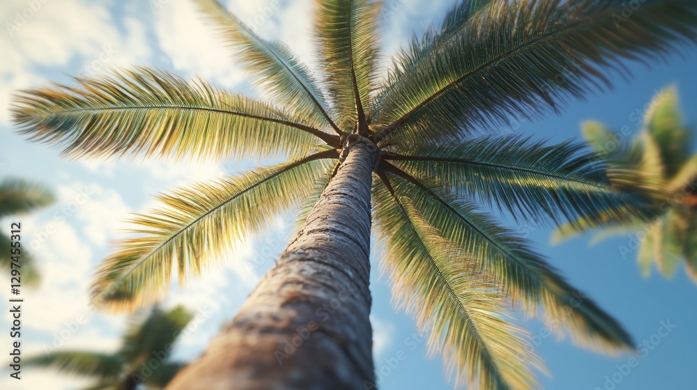 Fototapeta premium Tropical Coconut Palm Tree Low Angle View for Tourist Brochures and Travel Websites