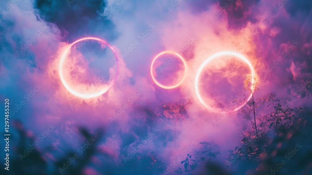 Fototapeta premium Celestial Rings in the Clouds: An ethereal scene unfolds, where glowing, ring-shaped lights pierce through a dreamy canvas of clouds, the image evokes a sense of wonder.