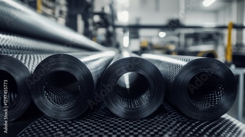Carbon fiber rolls in industrial setting with focus on texture and detail