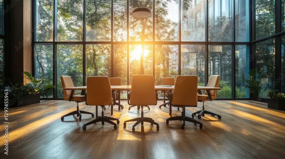 Fototapeta premium Sunlit modern conference room with large windows and office chairs