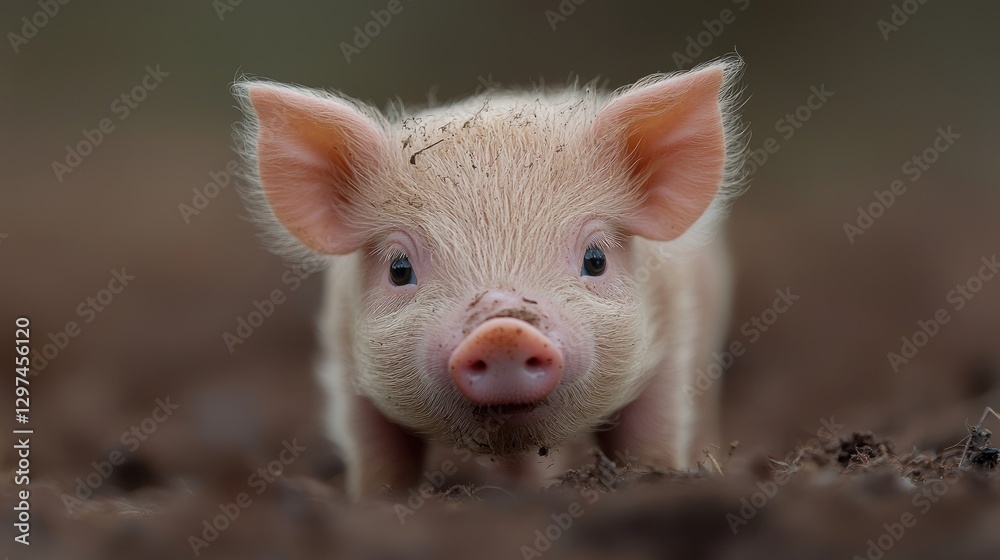 Cute piglet in muddy field, farm background Cute piglet in muddy field, farm background