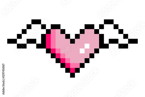 Pixel heart with wings vector icon, retro game 8 bit element