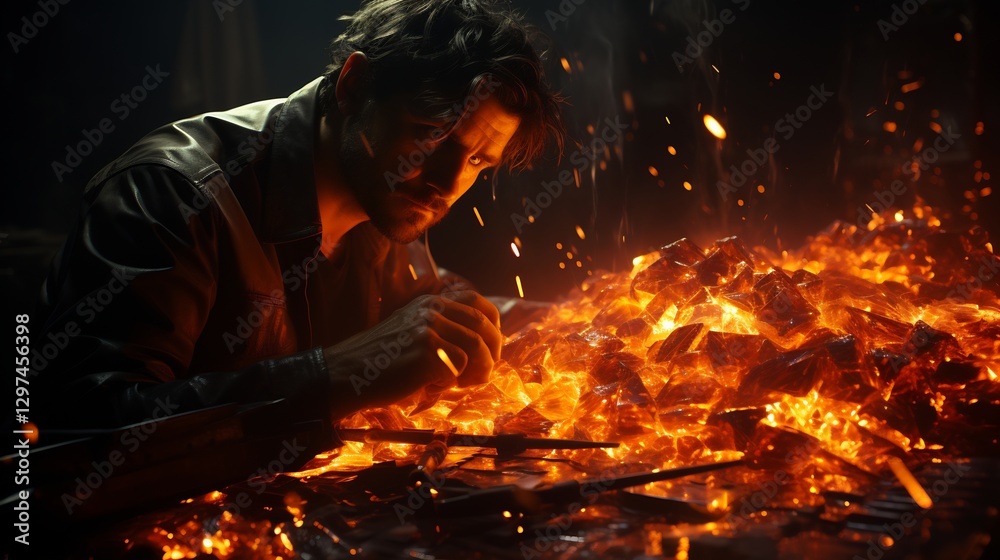 Man Contemplating Embers for Dark Room, Intense Fire.