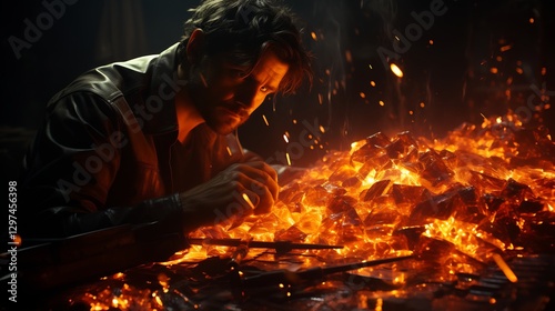 Obraz na płótnie Man Contemplating Embers for Dark Room, Intense Fire. w salonie