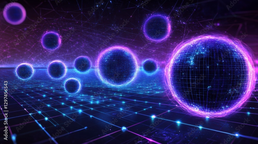 Obraz premium Digital Universe: Glowing orbs of data float across a futuristic digital landscape, evoking a sense of technological advancement and the interconnectedness of modern life.