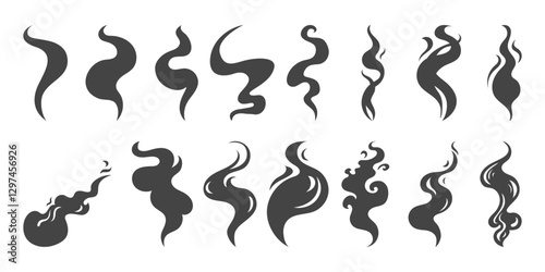 Set of fire, bonfire, steaming silhouettes. Comic fume flows collection. Hand drawn vector illustration.