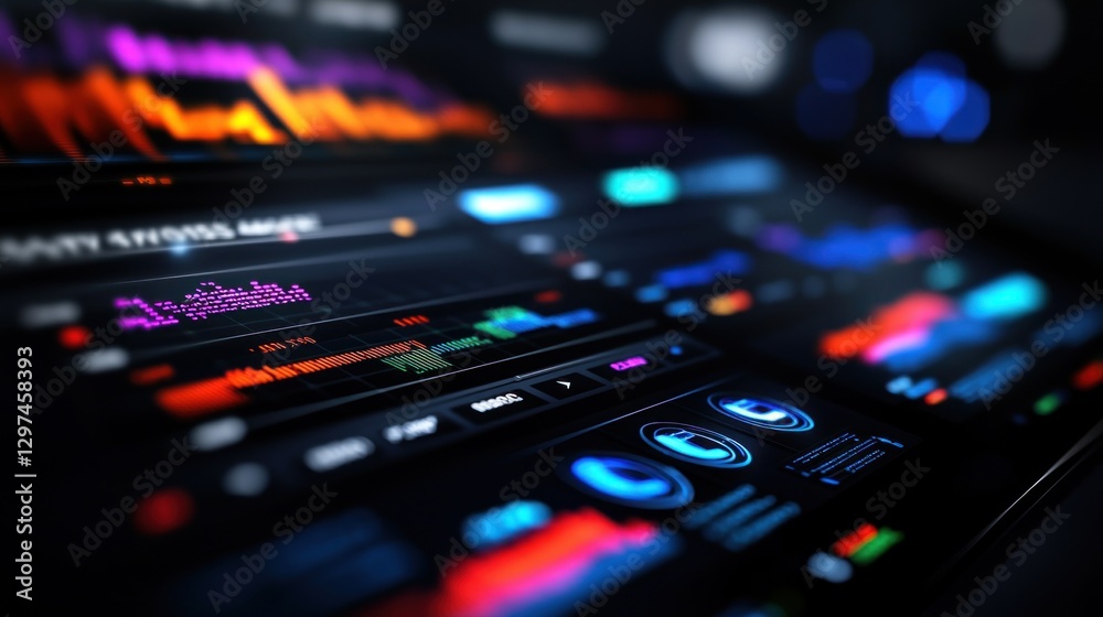 Close-up view of a digital dashboard displaying colorful data visualizations and analytics Close-up view of a digital dashboard displaying colorful data visualizations and analytics