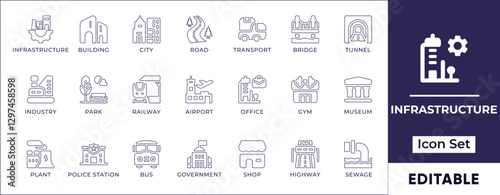 Flat public infrastructure and city elements icon set featuring urban planning, smart cities, transportation, road networks, buildings, energy systems, and public utilities.