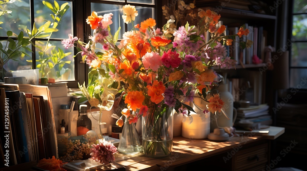Sunlit Still Life: Vibrant Bouquet in a Rustic Setting Sunlit Still Life: Vibrant Bouquet in a Rustic Setting