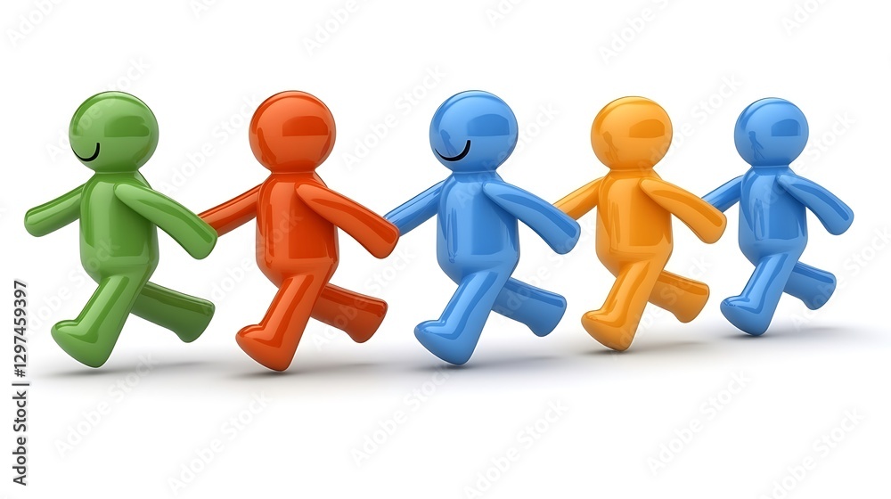 A row of colorful stepping arrows stretching to the horizon, each arrow turning a deeper shade to show progress, with a smiling figure stepping forward. The crisp white environment underlines 