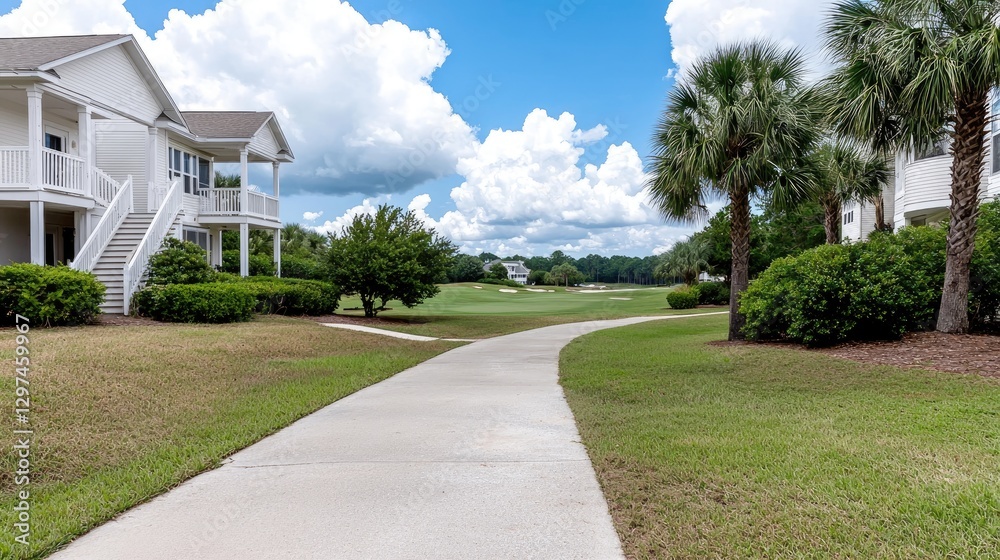 Naklejka premium Walkway to Golf Course, Resort Homes, Sunny Day